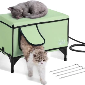 Elevated Heated Cat House, Cuboid Kitty Shelter, 900D Oxford Cloth Foldable Cat Shelter, Light Green (Middle)