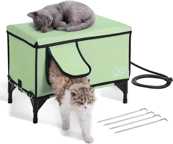 Elevated Heated Cat House, Cuboid Kitty Shelter, 900D Oxford Cloth Foldable Cat Shelter, Light Green (Middle)