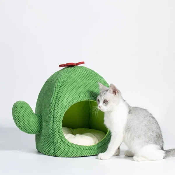 Cute Cactus Cat Bed Tent Cave with Removable & Washable Cushion Pillow, Soft Pet Cave for Adult Cats & Kittens (Green) - Image 5