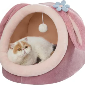 Cute Cat Bed for Indoor Cats, Warm Soft Cave Fit for Many Cats and Puppy, Pink Rabbit, L