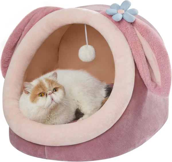 Cute Cat Bed for Indoor Cats, Warm Soft Cave Fit for Many Cats and Puppy, Pink Rabbit, L