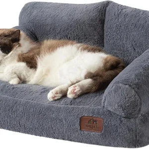 Fluffy Plush Dog Cat Pet Couch Soft Calming Sofa Bed for Medium Small Cats and Dogs, Gray