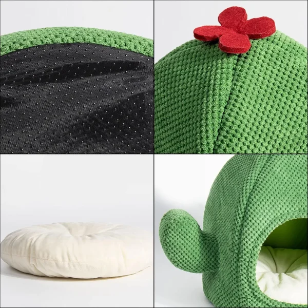 Cute Cactus Cat Bed Tent Cave with Removable & Washable Cushion Pillow, Soft Pet Cave for Adult Cats & Kittens (Green) - Image 3