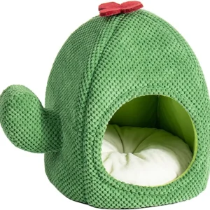 Cute Cactus Cat Bed Tent Cave with Removable & Washable Cushion Pillow, Soft Pet Cave for Adult Cats & Kittens (Green)
