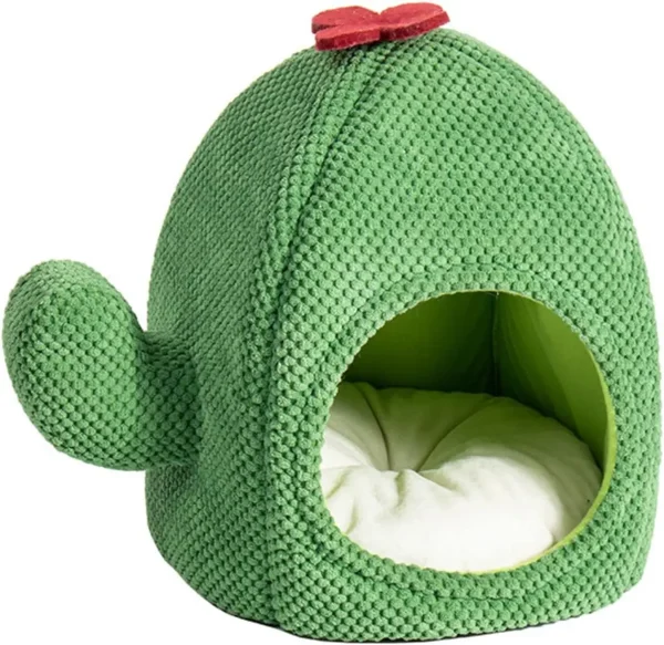 Cute Cactus Cat Bed Tent Cave with Removable & Washable Cushion Pillow, Soft Pet Cave for Adult Cats & Kittens (Green)