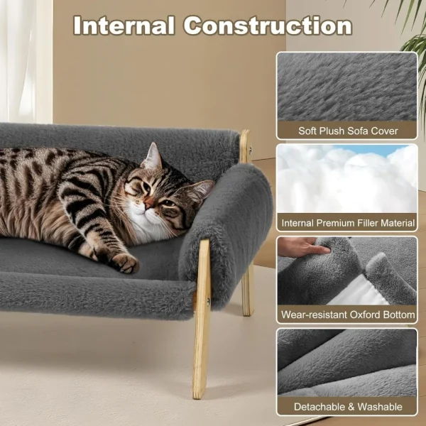 Cat Couch, Pet Sofa for Indoor Cats, with Removable Mattress Cover, Hammock for Kitty & Small Puppy (Light Grey) - Image 4